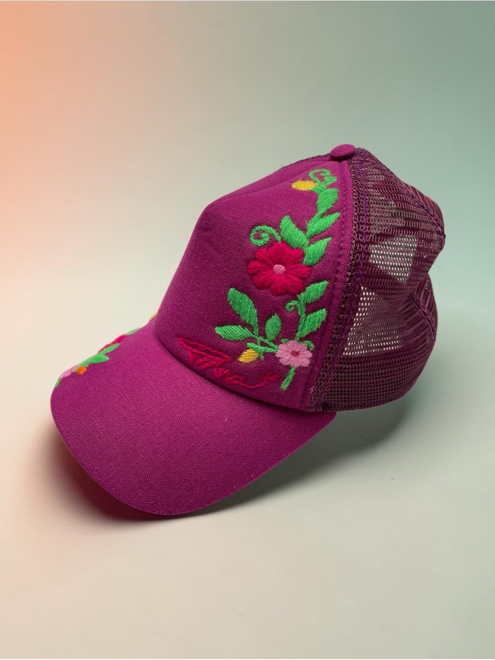 Embroidered Floral Mesh Trucker Hat - Magenta